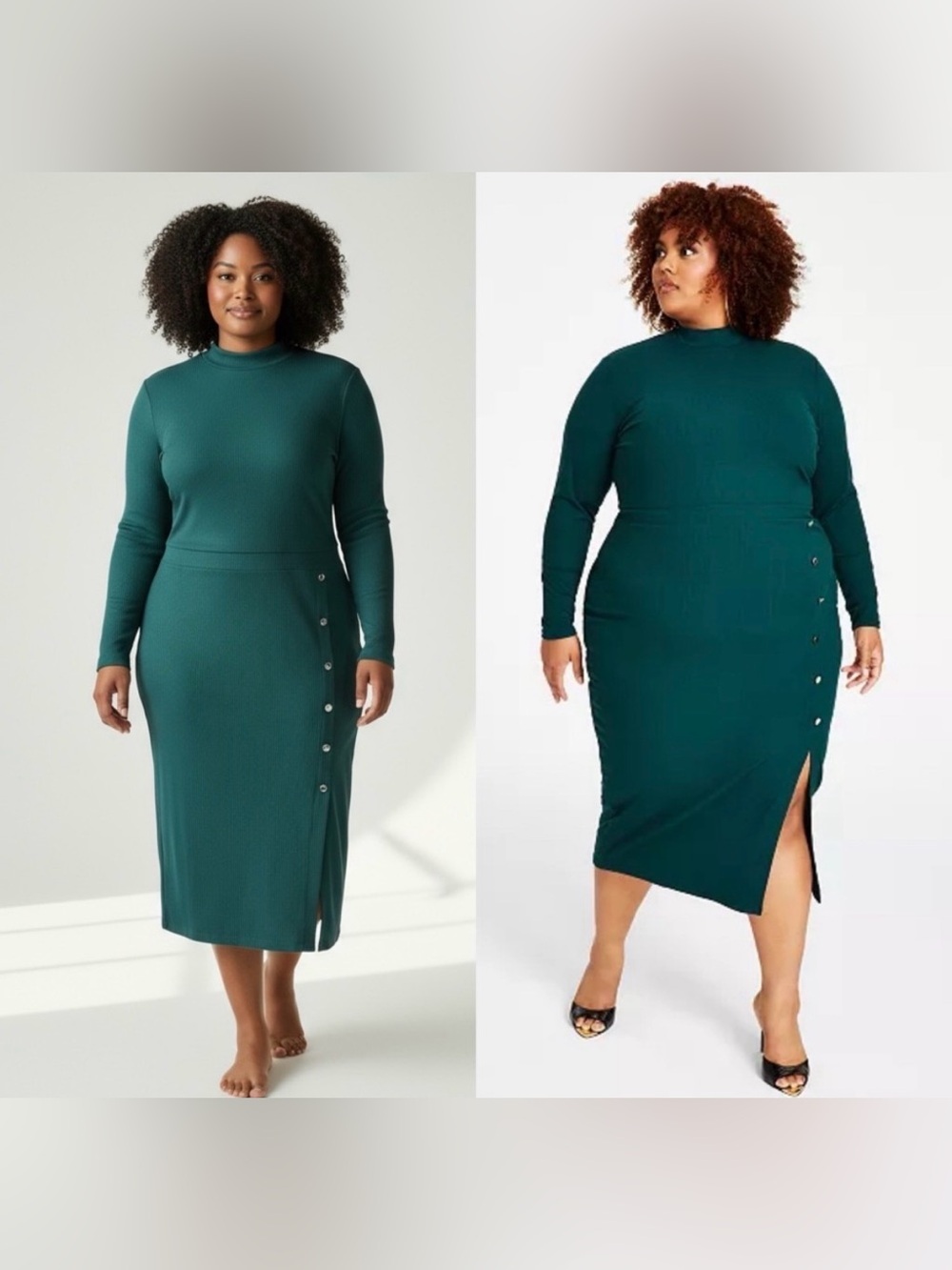 NWT NinaParker Green Mock-Neck Long-Sleeve Midi Dress with Side Buttons Sz 0X